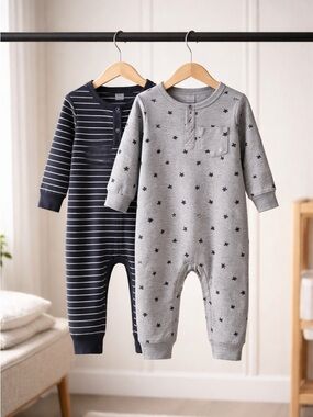 NWT Amazon Essentials Baby Unisex 2 pack Long Sleeve One Piece Gray/Black - 12M